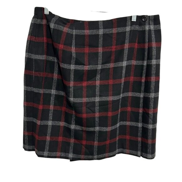 Vintage Worthington Plaid Skirt Black Red Gray Wool Side Button Closure Sz 24 - Picture 1 of 8